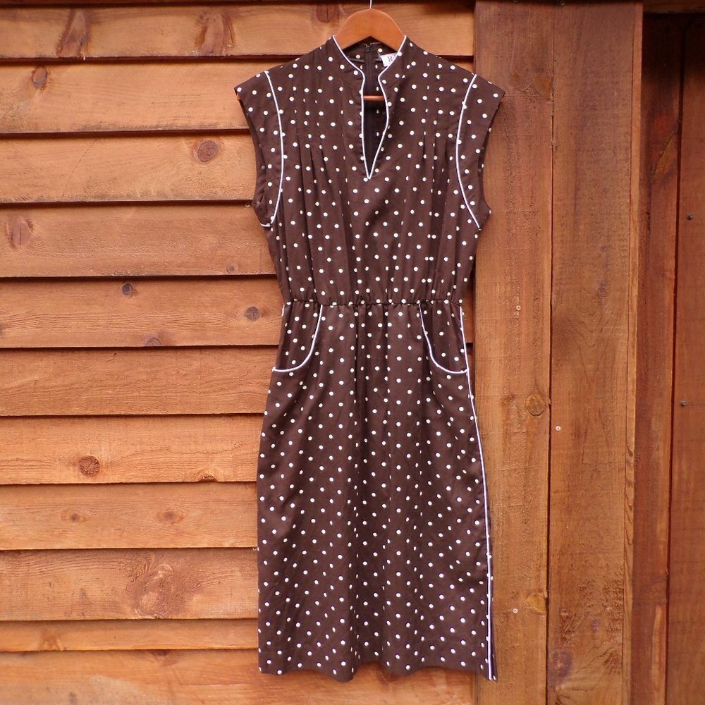 Vintage R&K Women's Day Dress Sleeveless Summer Midi Brown Polka Dot Zip Back